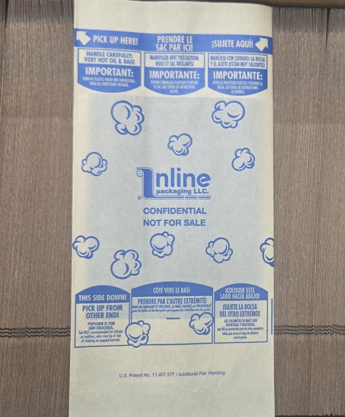 Pre-made microwave popcorn bag — case-pack staging, face up
